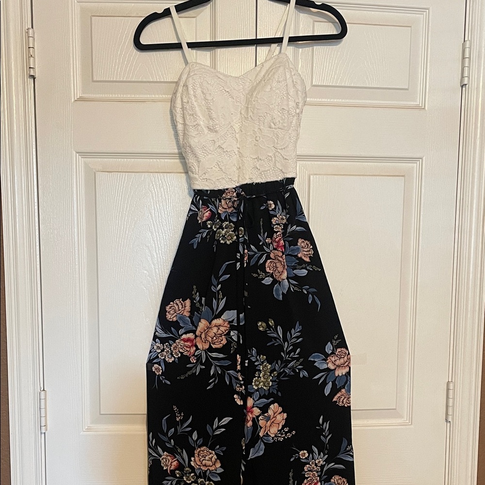 Candie's Black Maxi jumpsuit with White Lace and Floral Design